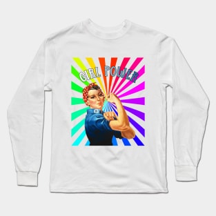 Girl Power Rainbow Vintage Retro Pinup Girl Long Sleeve T-Shirt